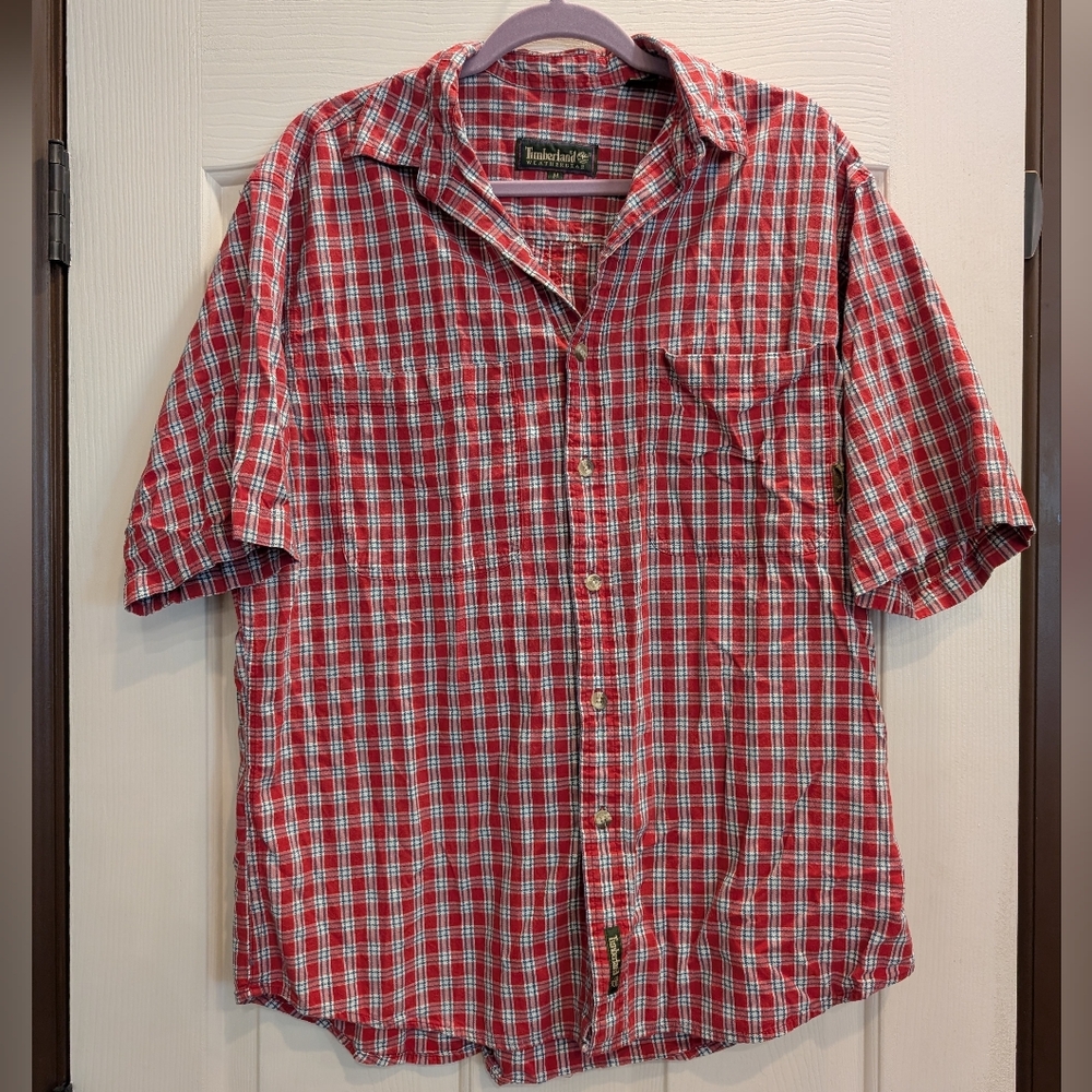Timberland Men's Red & White Plaid Button Up Size Medium